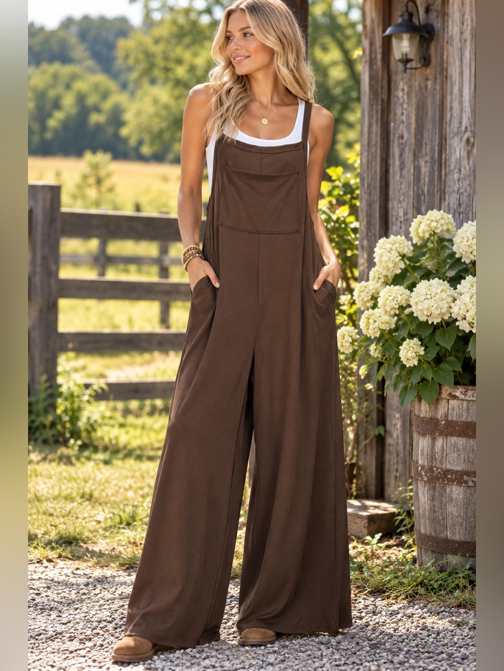 NoFLik Brown Wide Leg Jumpsuit Overalls Boho Lagenlook Stretch S M L Bib Pocket